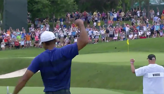 WATCH: Tiger Woods holes out for eagle at the Memorial Tournament